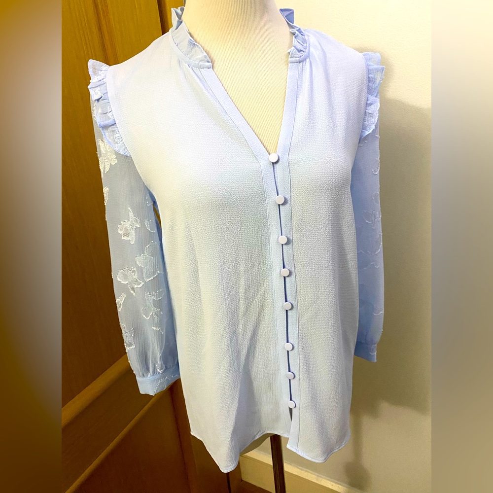 NWT CeCe Womens Mix Media 3/4 Sleeve Blouse with Button Placket XS